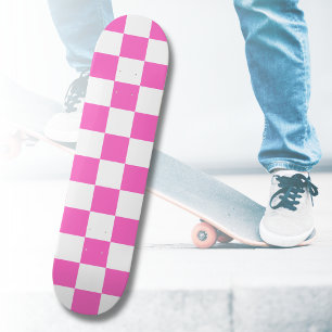 Skate Vintage de placa de xadrez, branco e rosa, Neon