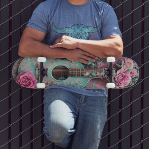 Skate Vintage Guitar e Rosas Ilustração Arte