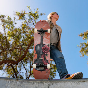 Skate Violino preto gótico com rosas vermelhas