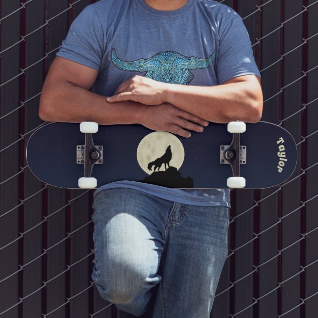 Skate Wolf Howling personalizado na ilustração da lua (Ao ar livre 3)