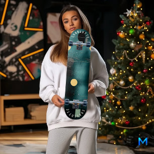 Skateboard Abstrato Minimalista Azul Teal Profundo