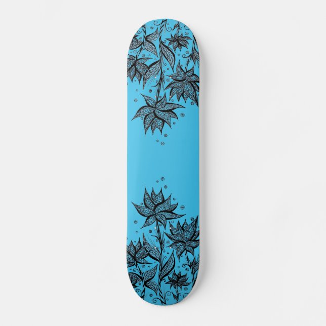 Skateboard Azul com Desenho Floral Abstrato em Lin (Frente)