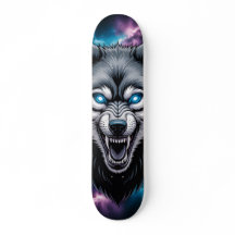 Skateboard com cabeça de lobo rosnando