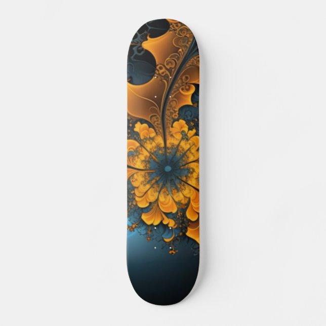 Skateboard de Arte Fractal Azul Laranja Abstrato (Frente)