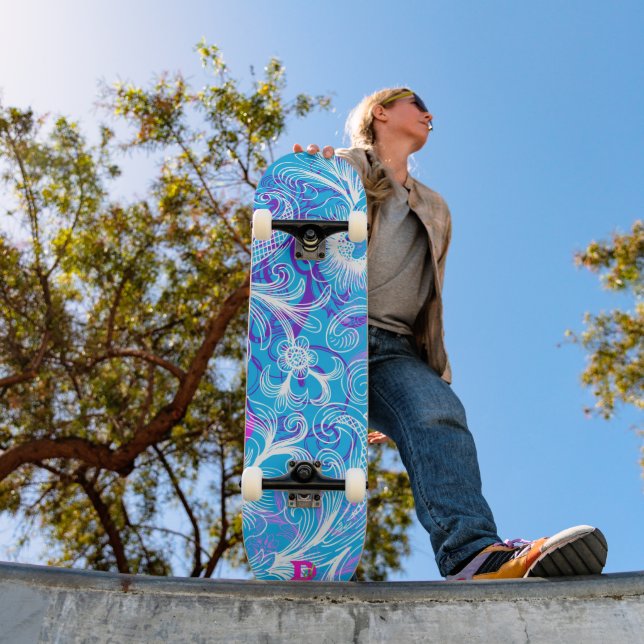 Skateboard floral rosa branco e azul Marca Dd (Ao ar livre 1)