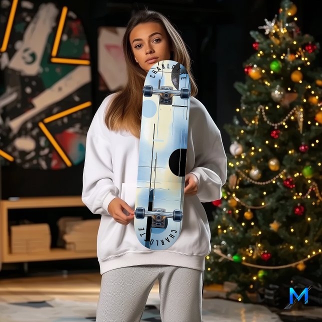 Skateboard Geométrico Azul Céu e Preto Minimalista (Criador carregado)