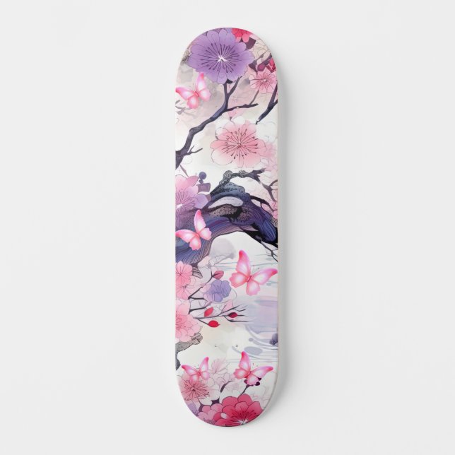 Skateboard Japonês Cherry Blossom e Borboletas (Frente)