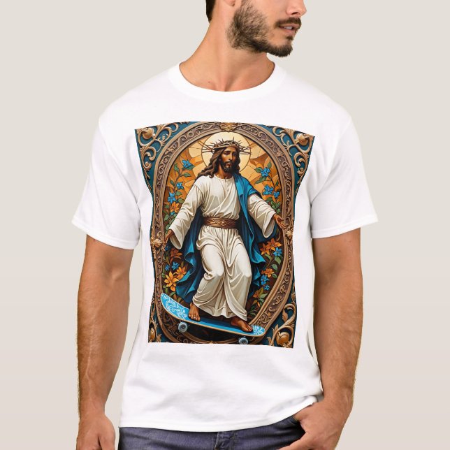 Skateboard Jesus Arte Sagrada Engraçado Camisa Rel (Frente)