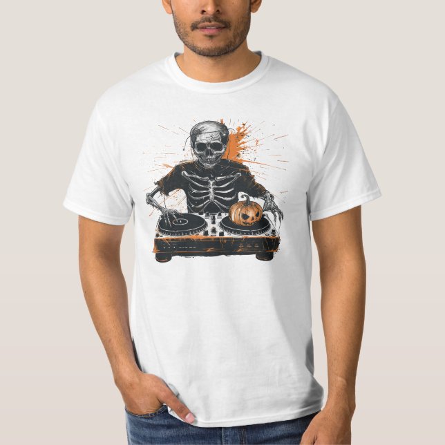Skeleton DJ Halloween Party T-Shirt - Rave Spooky (Frente)