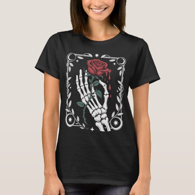 Skeleton Hand Holding Rose Gothic T-Shirt for Dark (Frente)