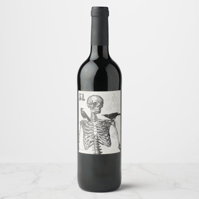 Skeleton mimado e etiqueta de vinho de corvos (Frente)