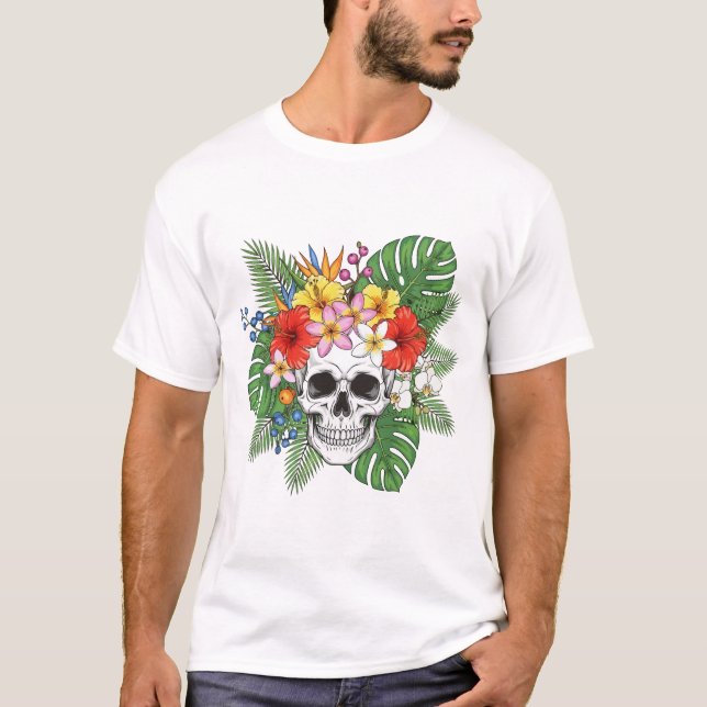 Skeleton with Leaves and Flowers T-Shirt – Gothic  (Frente)