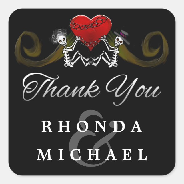 Skeletons Pretos Brancos Coração Obrigado Etiqueta (Frente)
