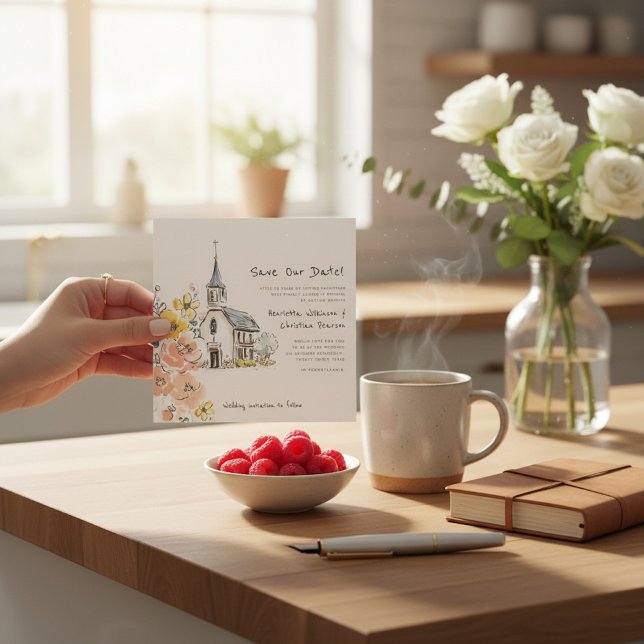 sketch Church Floral Watercolor Save the Date (Criador carregado)