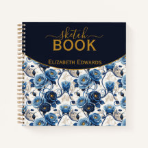 Sketchbook Elegante Rosas Azules y Oro Personaliza