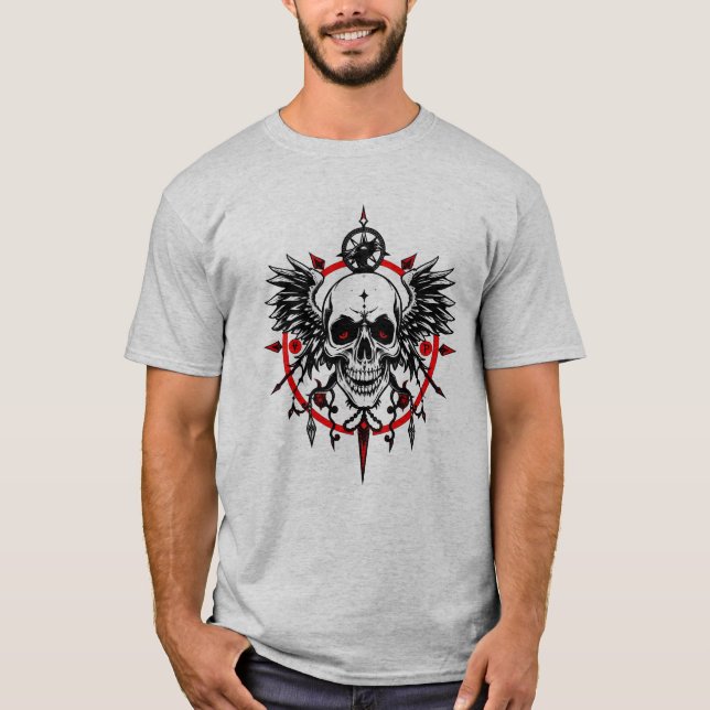 Skull Compass T-Shirt – Gothic Wings & Red Eye Hor (Frente)