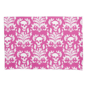 Skull Flame Damask em branco nítido em rosa quente