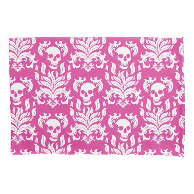 Skull Flame Damask em branco nítido em rosa quente (Frente-Esquerda)