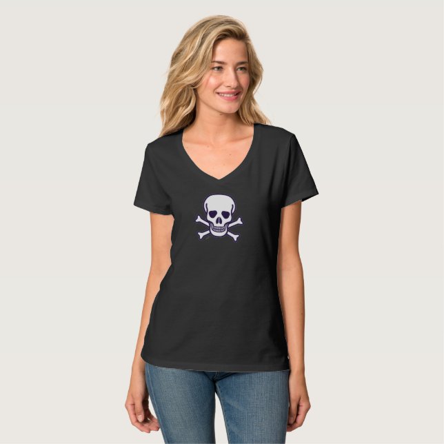 Skull n Bones - T-shirt preta do pescoço V (Frente Completa)