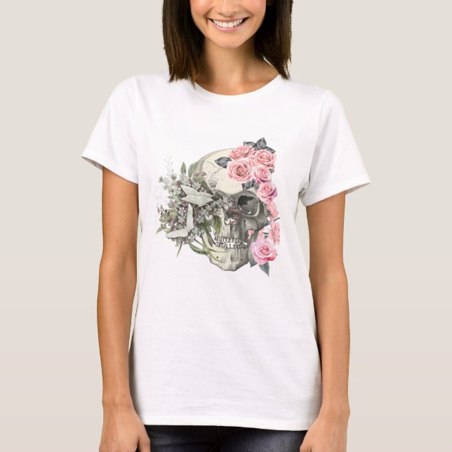 Skull with Pink Roses Women’s T-Shirt  (Frente)