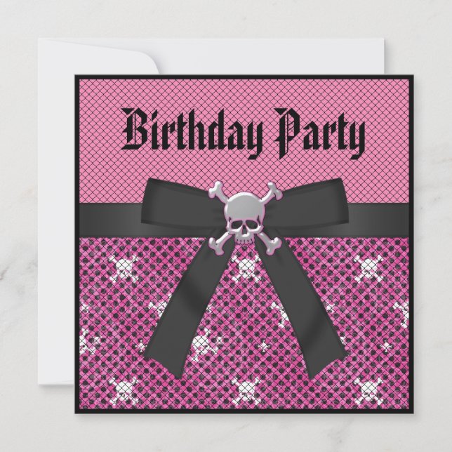 Skulls & Bolinhas - Convites de Aniversário Rosa (Frente)