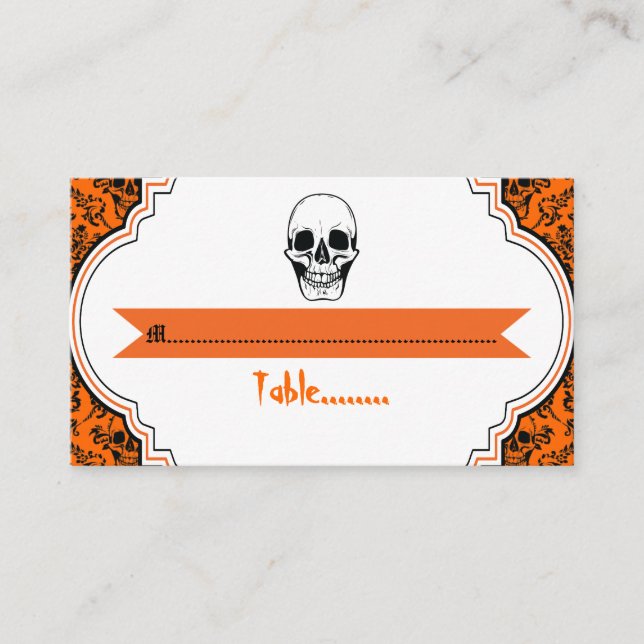 Skulls damask laranja, cartão de casamento preto (Frente)