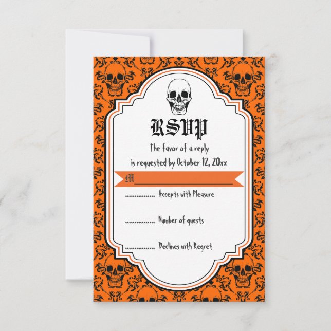 Skulls damask laranja, RSVP de Casamento de Hallow (Frente)
