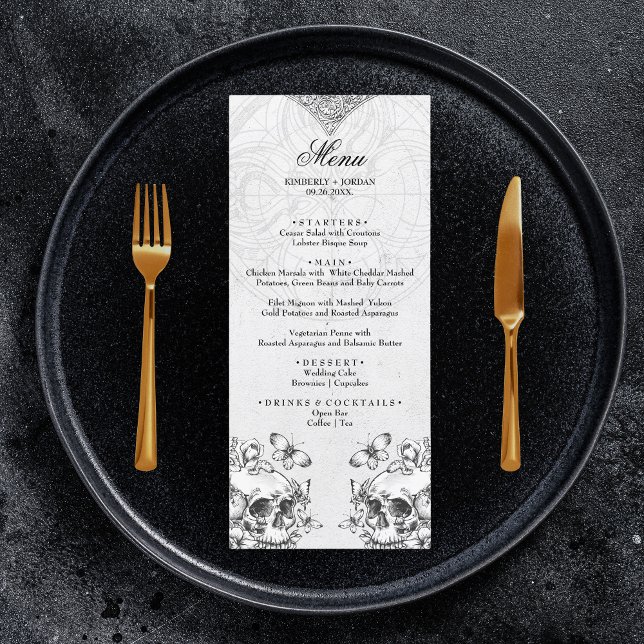 Skulls Gothic Black & White Wedding Menu Moody (Criador carregado)