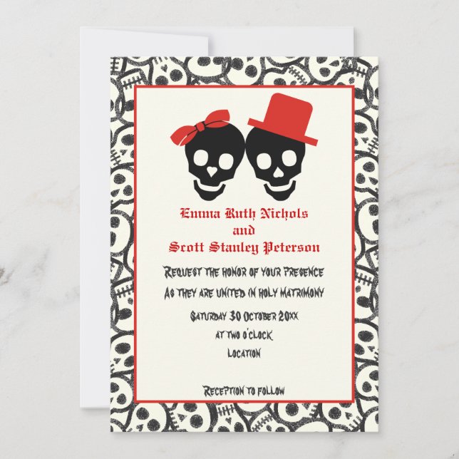Skulls Halloween - convite de casamento preto verm (Frente)