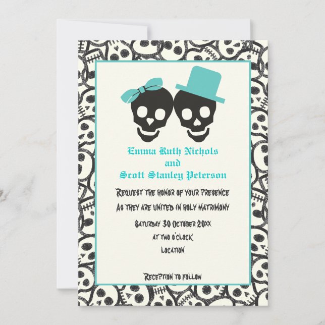 Skulls Halloween Turquoise convite para o casament (Frente)