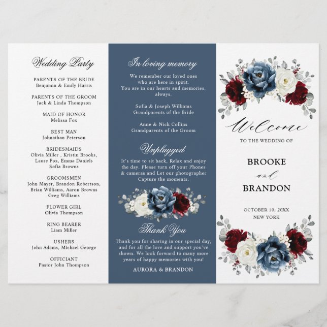 Slate Blue Burgundy Boho Wedding Tri-Fold Program (Frente)