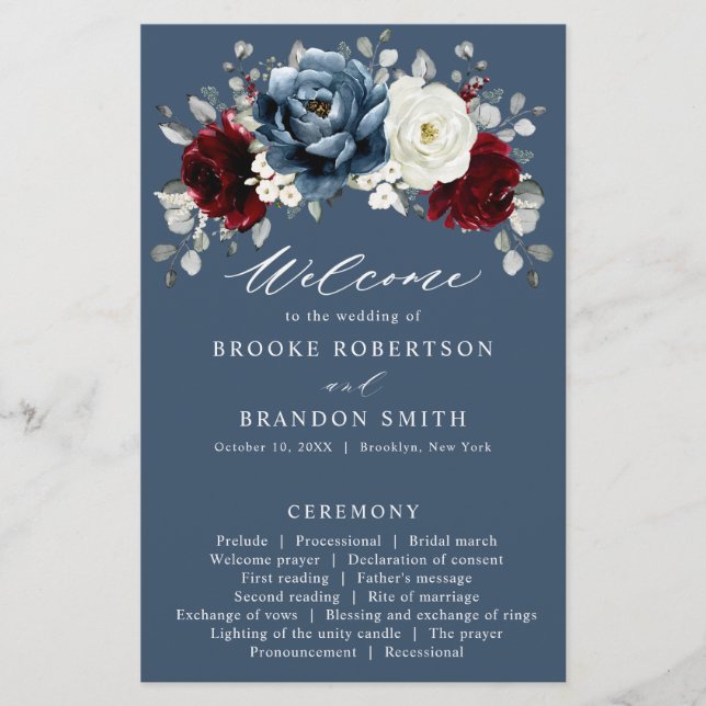 Slate Blue Burgundy White Ivory Weding Program (Frente)
