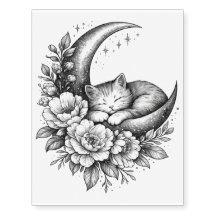 Sleeping Cat on Crescent Moon Floral Temporary Tat