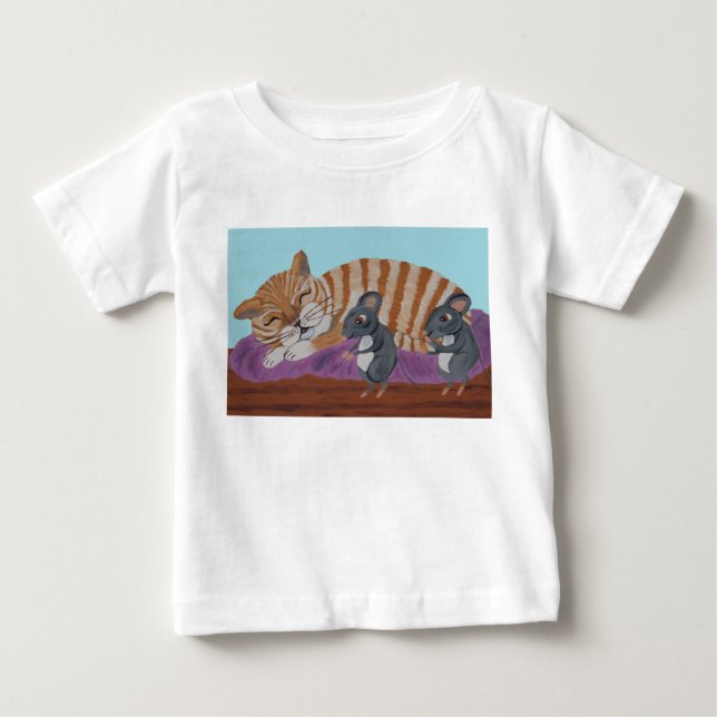 Sleeping Cat with Sneaky Mice T-Shirt (Frente)