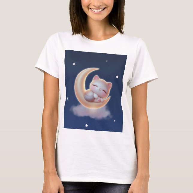 Sleeping Kitten on Moon – Cute Kawaii Cat T-Shirt (Frente)