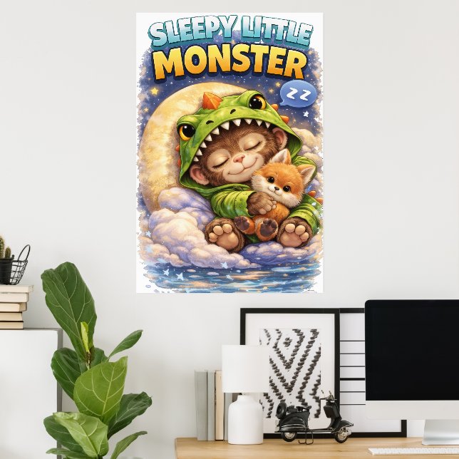Sleepy Little Monster Cute Dino Poster (Escritório em casa)