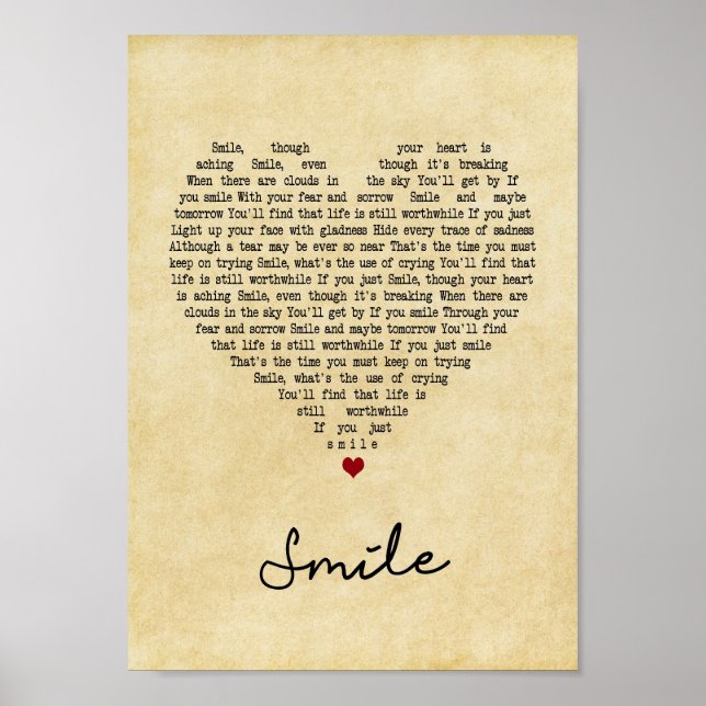 Smile Vintage Heart Song Lyric Wall Art Impressão (Frente)