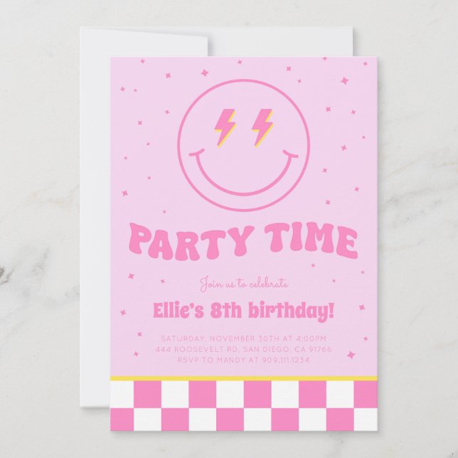 Smiley Preppy Face Girl Pink Birthday Convite (Frente)