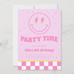 Smiley Preppy Face Girl Pink Birthday Convite