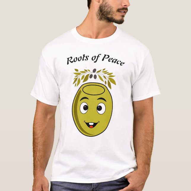 Smiling Olive T-Shirt with "Roots of Peace" text. (Frente)