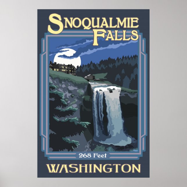 Snoqualmie Falls (Noite) Poster de viagens de Wash (Frente)