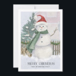 Snowman no cartão de Natal do Pinheiro de Santa Ha<br><div class="desc">A cena tradicional do cartão de Natal mostra um boneco de neve a aquarela com um chapéu de Papai Noel e cachecol verde. Pinheiros, lenha e cerca de piquete completam a cena do feriado. O Feliz Natal está escrito abaixo em uma fonte elegante de serifa. Uma segunda linha de texto...</div>