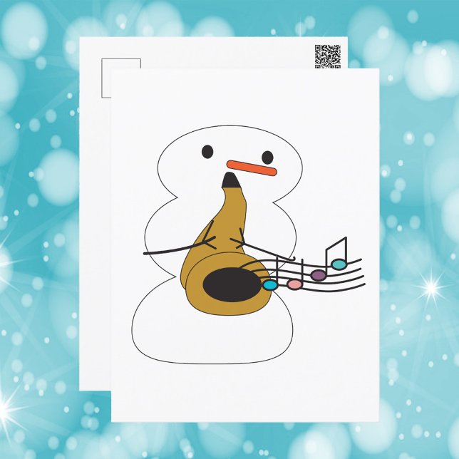 Snowman Reproduzindo Notas de Música Saxofônica (A postcard with a snowman playing the saxophone)