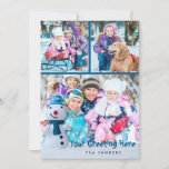 Snowman, Saudação Pessoal com Três Fotos<br><div class="desc">Este pequeno boneco de neve sorridente com chapéu azul e cachecol envia suas saudações personalizadas para sua família e amigos juntamente com três de suas fotos favoritas. O verso apresenta um design de floco de neve com aquarela. Clique na guia PERSONALIZAR para fazer alterações adicionais, conforme desejar, como alterar o...</div>