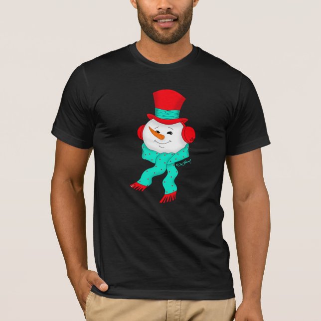 Snowman Tunes Christmas Dark T-Shirt (Frente)