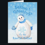 Snowman Wonderland para o Cartão de Natal Pai<br><div class="desc">Um bonitinho bonitinho com chapéu azul de inverno e luvas como flocos de neve delicados caem através do céu azul é um delicioso design de Natal para cumprimentos ao seu pai especial. Você também pode gostar de selos e presentes na minha loja. Arte original e design do Anura Design Studio....</div>