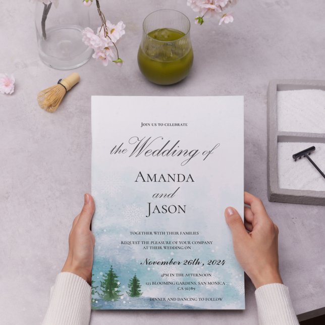 Snowy Winter Morning Blue Hues Convite para casame (Snowy Winter Morning Blue Hues Wedding Invitation)