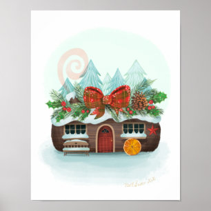 Snowy Yule Log Cabin Art Impressão