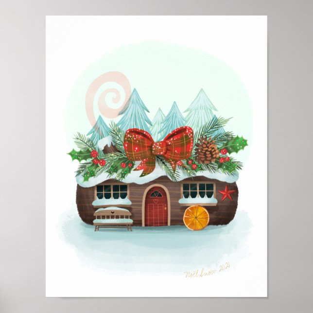 Snowy Yule Log Cabin Art Impressão (Frente)