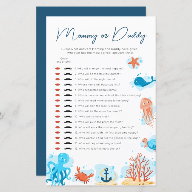 Sob o Chá de fraldas do mar, adivinha quem Mamãe o (Frente/Verso)